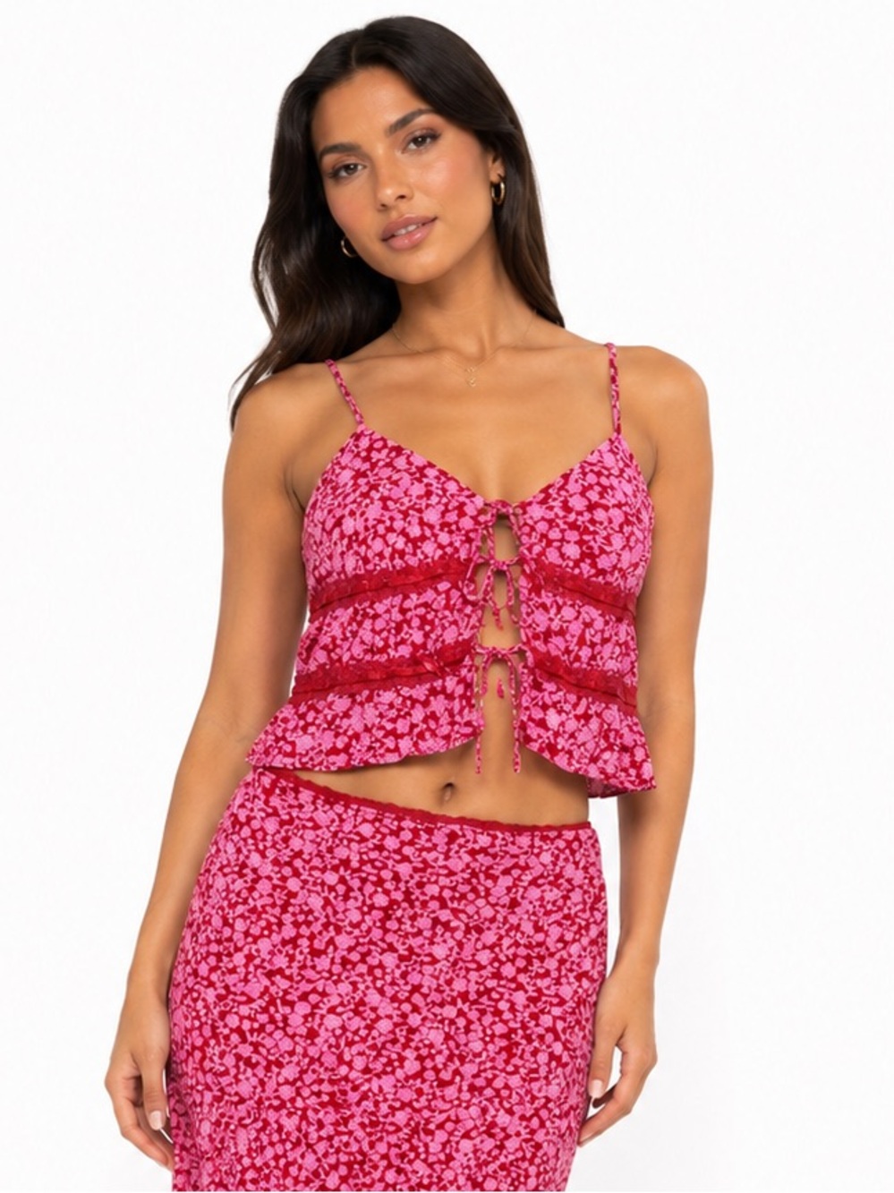 90s/Y2K Vintage No Boundaries Romantic Ditsy Floral Tie Front Cami (Red/Pink) L